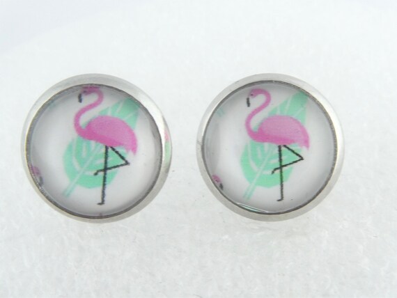 PINK FLAMINGO CABOCHON GLASS STUD EARRINGS 12MM