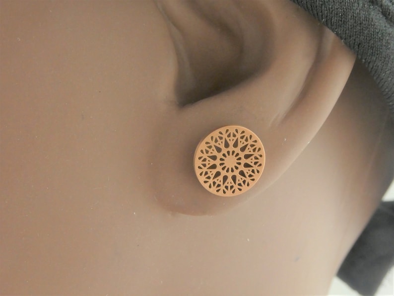 May include: A pair of brown, round earrings with a delicate, intricate, laser-cut design.