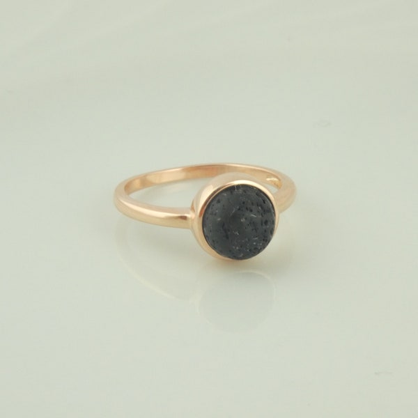 925 Sterling Silver Ring Rose Gold Black Lava Stone Round Thin Minimalist Gift