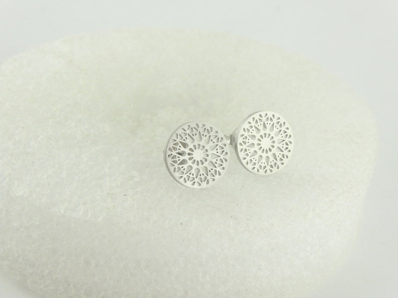 Stud earrings silver boho ornaments matt finish minimalist round 10,5mm stainless steel image 3