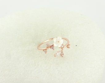 Bague 925 or rose cristal blanc fleurs coquillage zircon fin réglable, cadeau