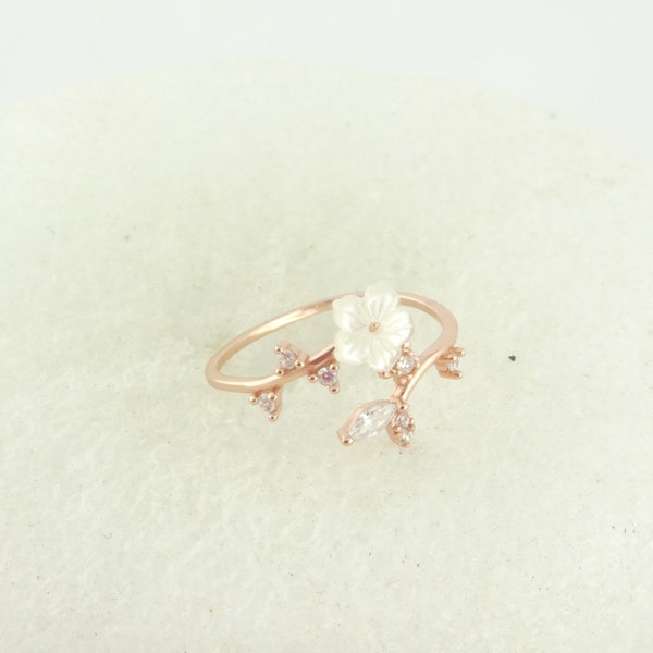 925 Ring Rosegold Weiss Kristall Blumen Muschel Zirkon dünn verstellbar,Geschenk