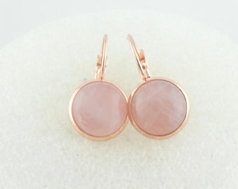 Cabochon earrings rose gold rose quartz stone pink round 12mm stainless steel