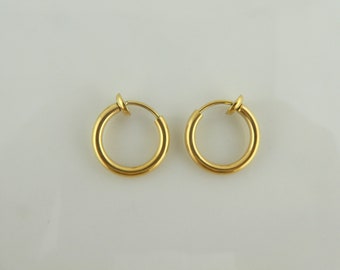Boucles d'oreilles créoles clips dorées rondes minimalistes 14 mm acier inoxydable, créoles bohème