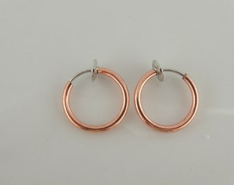 Clip-on hoop earrings rose gold round minimalist 12 mm stainless steel, boho hoop earrings