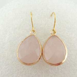 Earrings gold rose quartz stone pink drops stainless steel leverback-earwires image 2