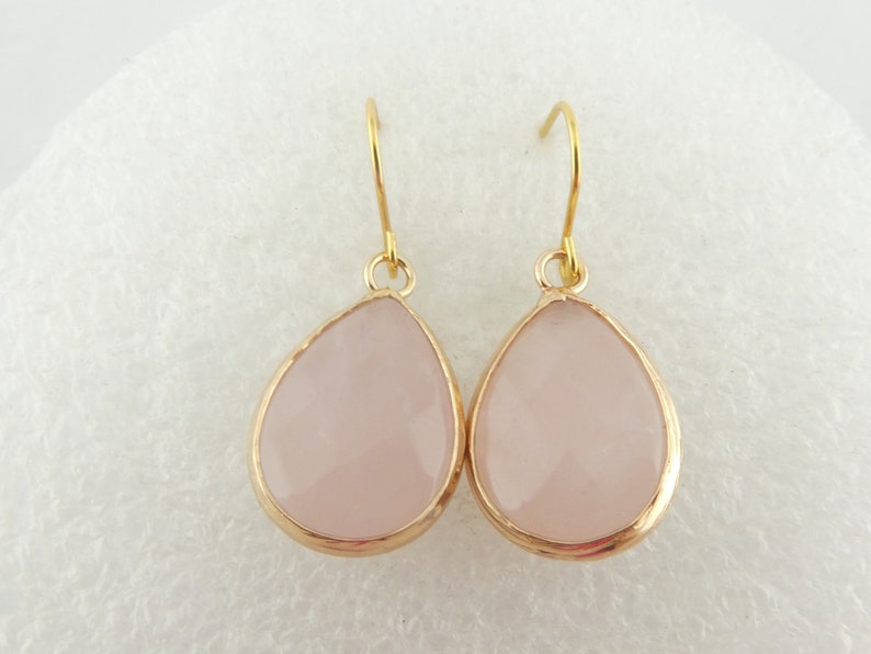 Earrings gold rose quartz stone pink drops stainless steel leverback-earwires image 2