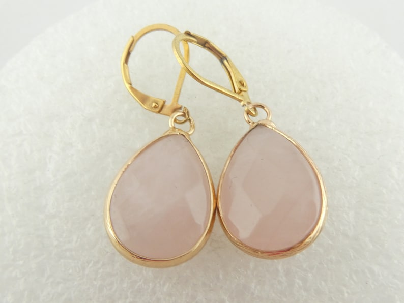 Earrings gold rose quartz stone pink drops stainless steel leverback-earwires image 9