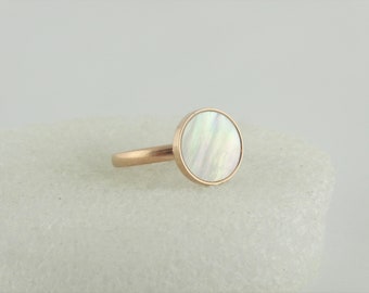 Cabochon Ring Rosegold-Weiss Muschelschale rund minimalistisch 12mm Edelstahl,Geschenk