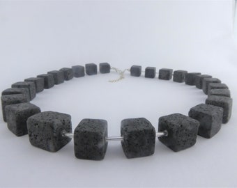 Chain necklace silver-black lava cubes minimalistic 10mm,minimalist