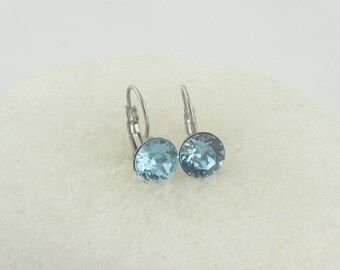 Boucles d'oreilles boucles d'oreilles argent bleu aigue-marine pierre Swarovski cristal rond acier inoxydable 8 mm