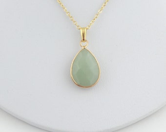 Chain necklace gold-green aventurine stone drop stainless steel,gift