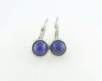 Cabochon earrings silver-blue lapis lazuli stone round minimalist 8mm stainless steel