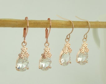 Boucles d'oreilles cintres d'oreilles or rose cristal goutte fleurs minimaliste acier inoxydable leviers earwires