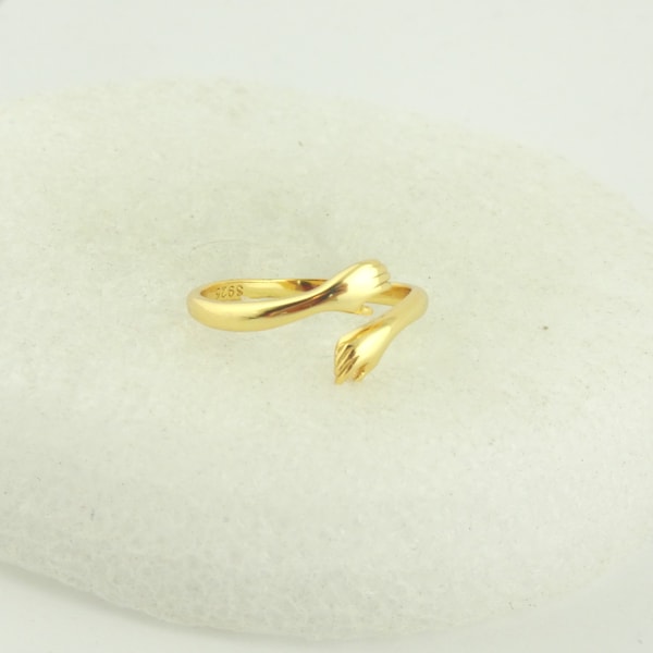 925 Ring Gold Hände Umarmung Freundschaft dünn minimalistisch verstellbar,Geschenk