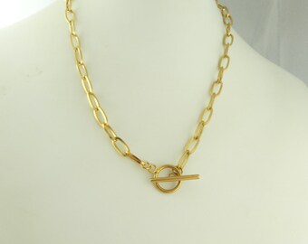 Link Chain Necklace Gold Toggle Clasp Fine Linked Stainless Steel 45 cm