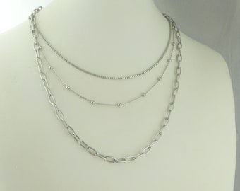 Kette Halskette Silber Layered Layering Kugel Perlen Mehrreihige Drei Schicht Edelstahl