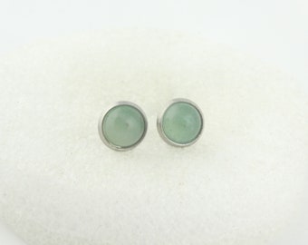 Cabochon stud earrings silver jade green aventurine stone round minimalist 8mm stainless steel