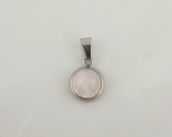 Pendentif argent rose pierre quartz rose rond mini 8 mm acier inoxydable