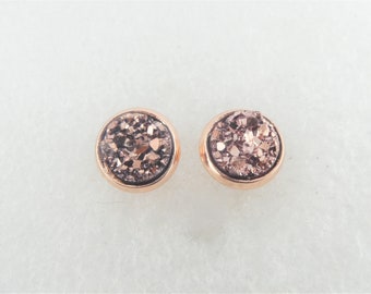 Cabochon stud earrings rose gold faux druzy round 8mm stainless steel,mimimalist