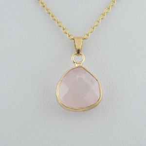 Chain necklace gold rose quartz stone pink drop stainless steel,gift,birthday gift