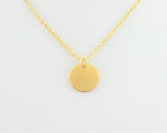 Collier chaîne or avec pendentif plaque ronde minimaliste 12 mm acier inoxydable, chaîne dorée, cadeau