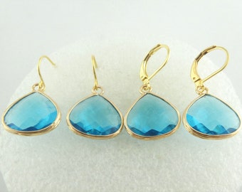 Earrings gold blue aquamarine drops crystal stainless steel earwires-leverback,bridesmaid