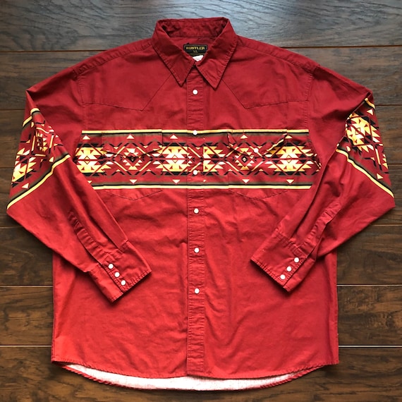 90’s Vintage Western Men’s Rustler Shirt with Azt… - image 1