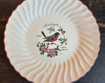Vintage Michigan Robin and Apple Blossom Souvenir Plate | Mid Century State Bird/Flower | Collectible Wall Display