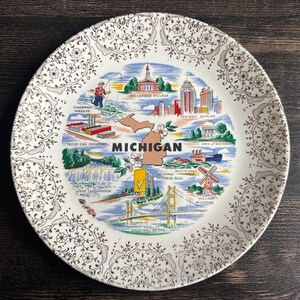 Vintage Michigan Souvenir Plate | Sebring Pottery 22K Gold Trim | Mackinac Bridge Detroit Skyline Greenfield Village | Mid Century