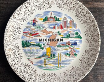 Vintage Michigan Souvenir Plate | Sebring Pottery 22K Gold Trim | Mackinac Bridge Detroit Skyline Greenfield Village | Mid Century