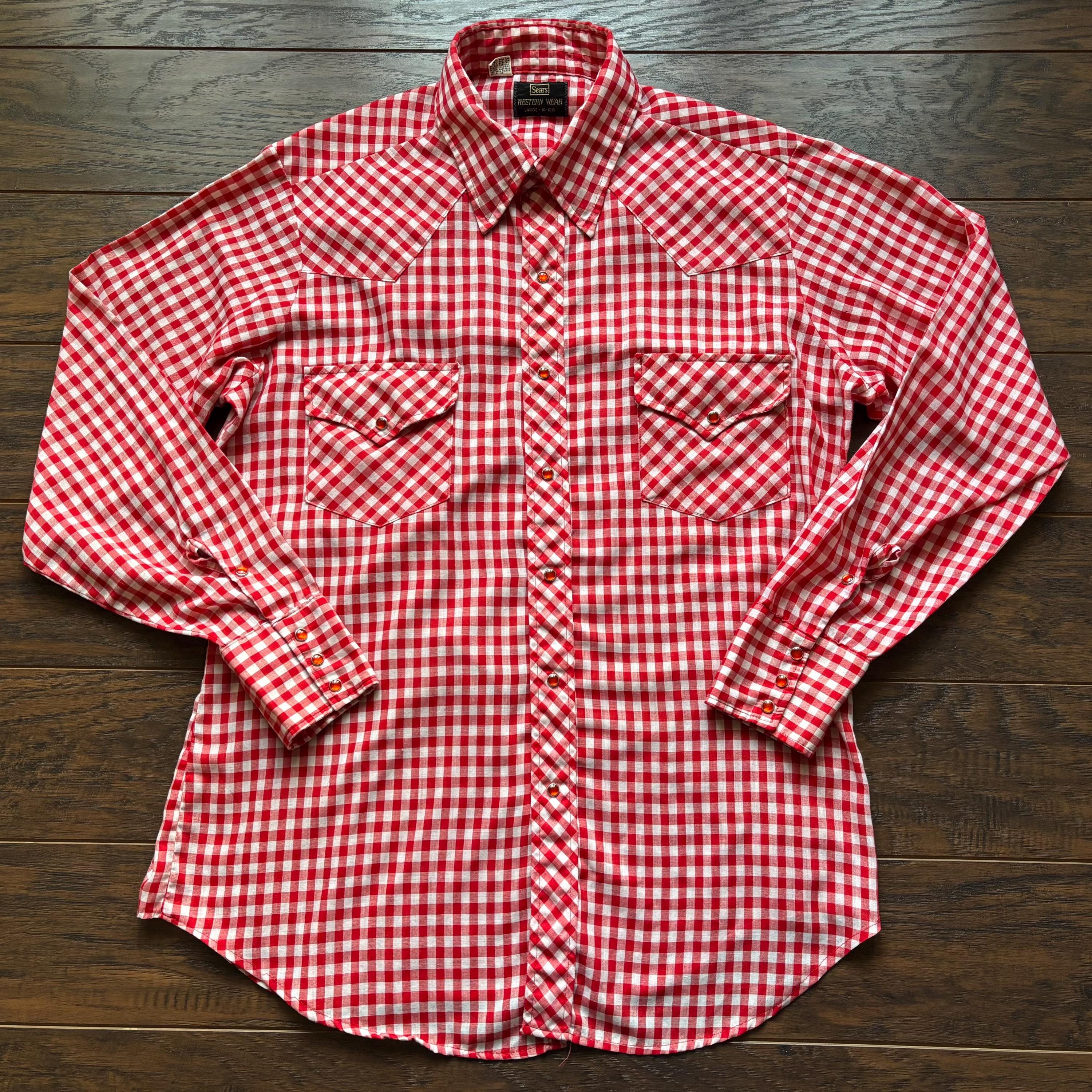 Vintage 70s Sears Western Snap Shirt Red White Gingham Pearl Snap 