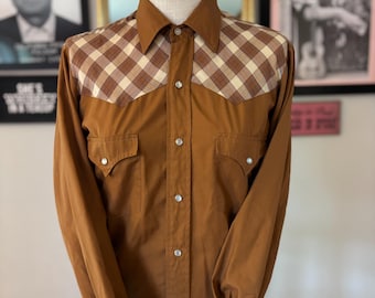 Vintage 1970s Western Pearl Snap Shirt Brown Plaid Yoke Made in Korea Medium Retro Ranchwear