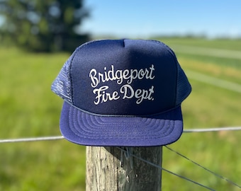 Vintage Bridgeport Fire Department Trucker Hat 1980s Mesh Snapback Made in Taiwan Blue Foam Front Firefighter