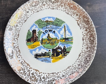 Vintage Iowa Souvenir Plate 1960s Gold Filigree State Landmarks Decorative Collector Plate Mid Century Travel Memorabilia Wall Display