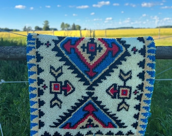 Vintage Southwestern Latch Hook Wall Hanging Rug 58x35 Large Navajo Inspired Fiber Art Western Decor Boho Ranch House Textile