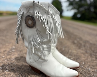 Vintage Tonka by Circle S White Fringe Western Boots | Women’s Leather | Boho Festival Western Bridal Boots