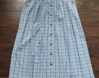 Vintage Koret City Blues Petite Blue Plaid Button Front Skirt, 90s Cotton Skirt, Cottagecore Summer Midi Skirt Size Petite 6