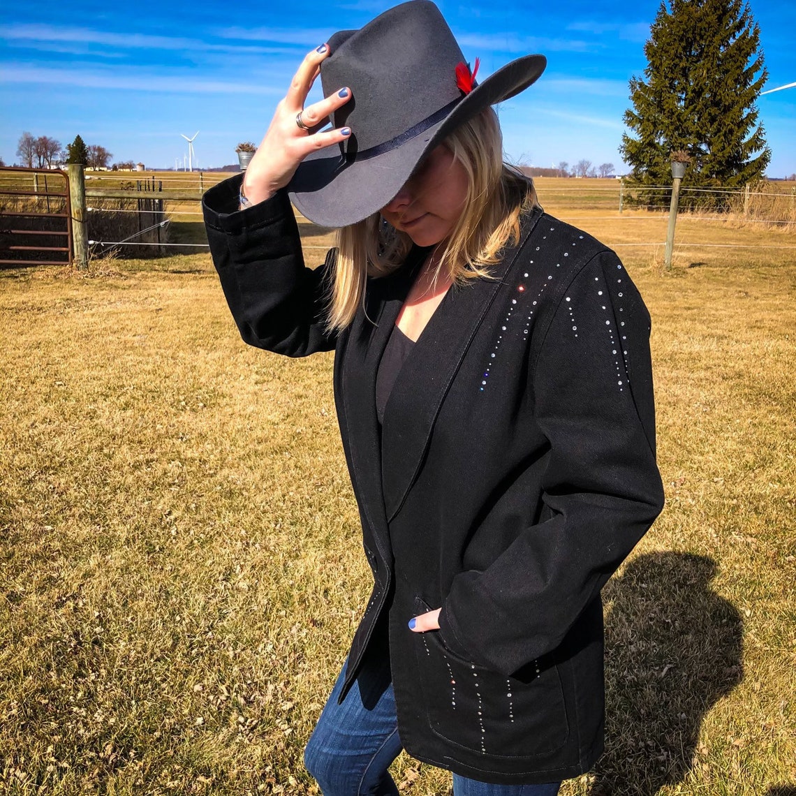 Blazer vintage western oversize in denim nero da donna con Etsy