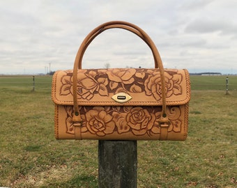 70’s Vintage Western Tooled Leather Purse with Flowers and Horses