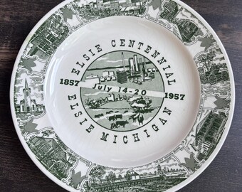 Vintage 1957 Elsie Michigan Centennial Commemorative Plate | Green Transferware Historical Souvenir Dish | Mid Century Michigan Memorabilia