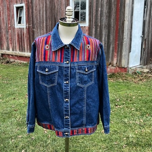 Vintage Women’s Western Denim Jacket with Serape Trim and Concho Accents