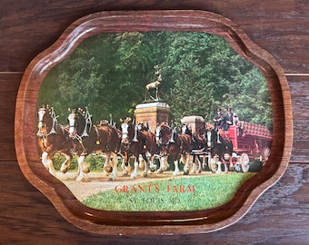Vintage Grant’s Farm Clydesdale Tray | St. Louis Missouri Souvenir | Anheuser Busch Horse Team Decor | Rustic Bar Serving Tray