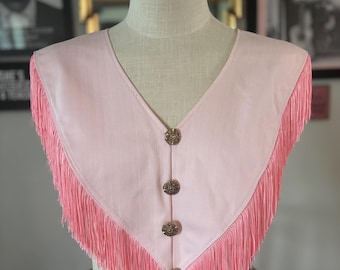 Vintage Handmade Pink Western Fringe Capelet Shawl , Embroidered Guitar Cowgirl, Honky Tonk Country Music Stagewear