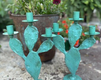 90’s Vintage Prickly Pear Cactus Metal Candelabras | Made in Taiwan