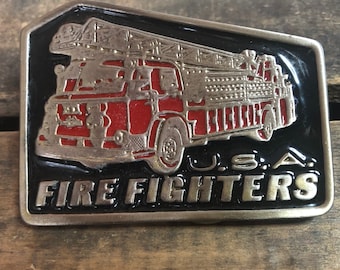 Vintage Fire Fighters U.S.A. Enamel Resin Belt Buckle