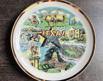 Vintage Texas Souvenir Plate Thrifco Made in Japan Lone Star State Gold Trim
