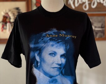 Vintage Anne Murray T Shirt Large 90s Country Music Portrait Black Blue Graphic Fruit of the Loom Heavy Cotton