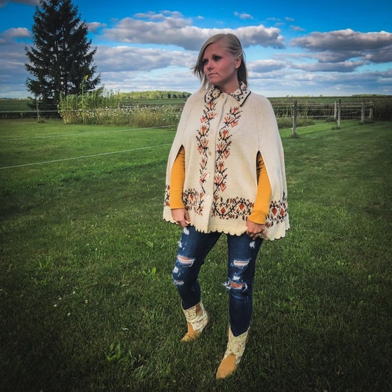 60's/70's Knitted Cape Sweater Folk Art Poncho