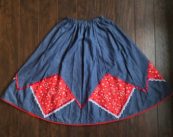 70’s Vintage Western Rockabilly Prairie Chambray Skirt with Bandana Print and Pockets | Handmade